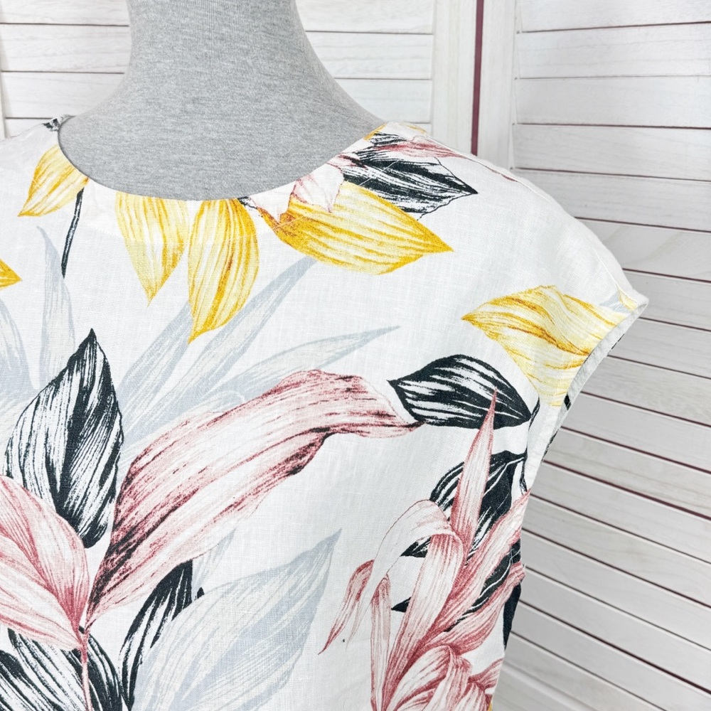 C&C California Tropical Palm Print Linen Button Back Shirt White Multi Medium - Picture 5 of 11